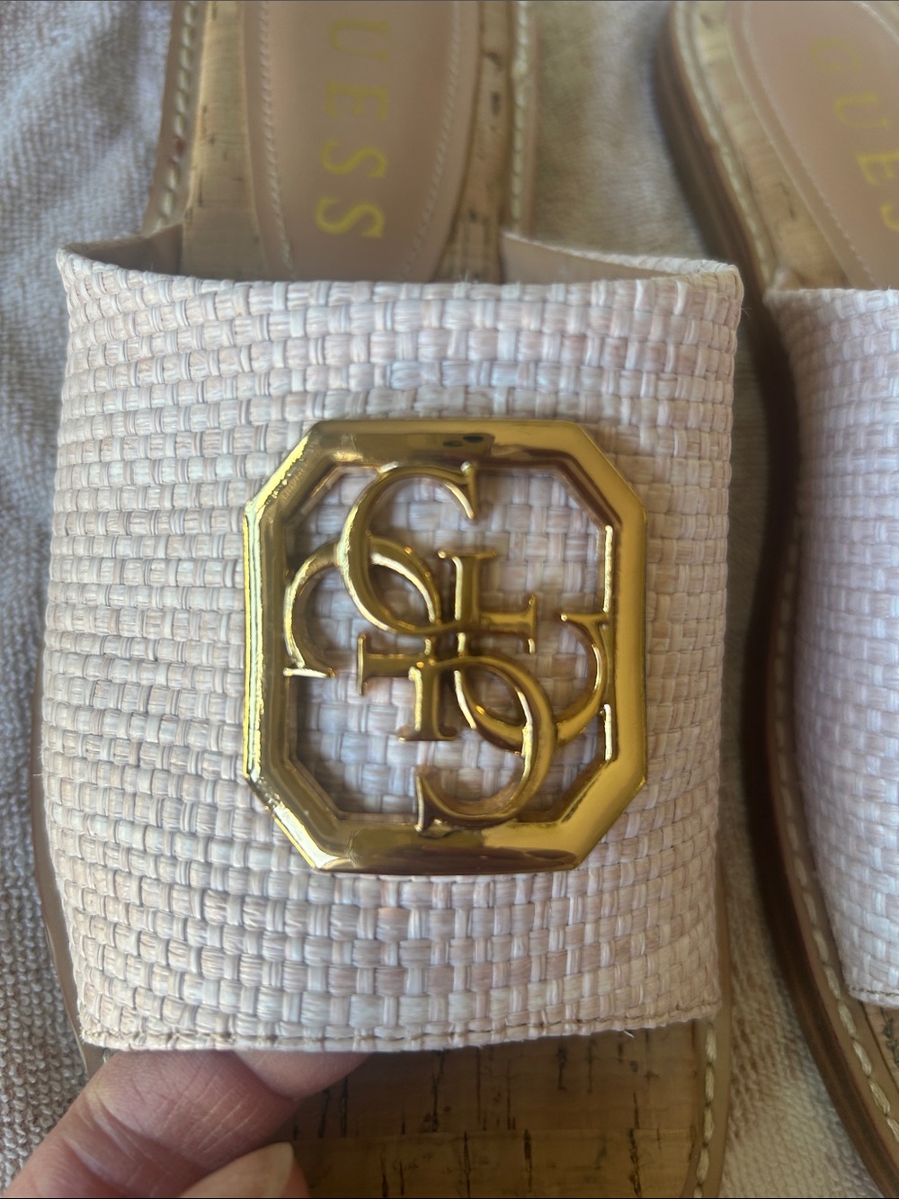 GUESS Blush Pink Slide Mules with Gold Logo Accent - Picture 2 of 4
